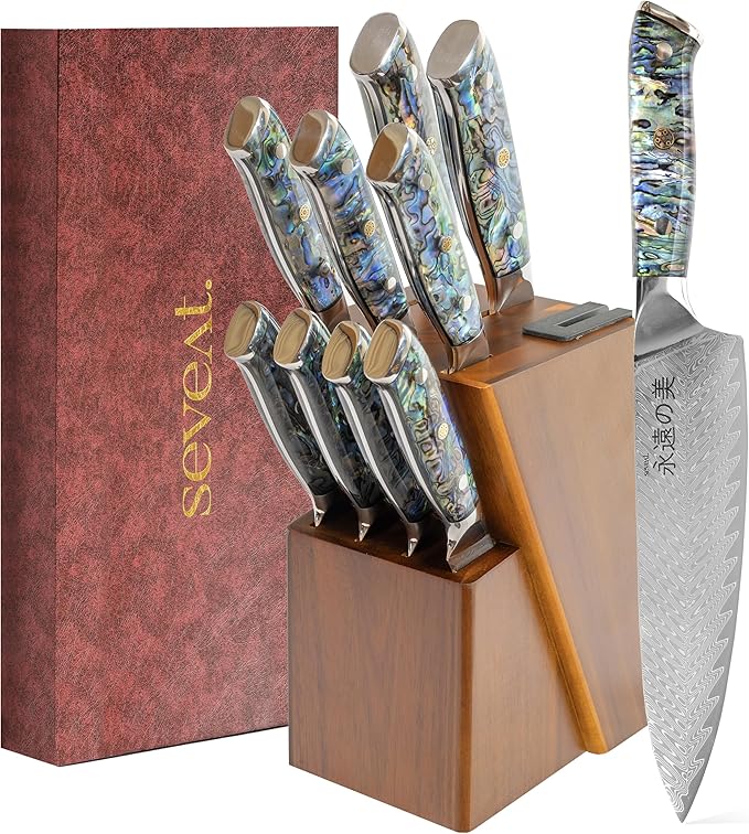 Damascus Kitchen Knife Set, 67-Layer Damascus Steel, Professional Chef Knives Set for Kitchen, Ergonomic Wood & Resin Handle (Blue, 9 pieces with Wooden Block)