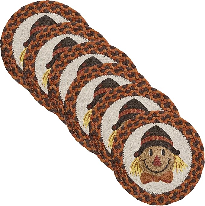 Park Designs Scarecrow Printed Trivet Set of 6 | 8" x 8” Round Braided Cotton Heat Resistant Hot Pads | Rustic Farmhouse Fall Dining Decor | Woven Tabletop Protectors for Pots, Pans & Thanksgiving