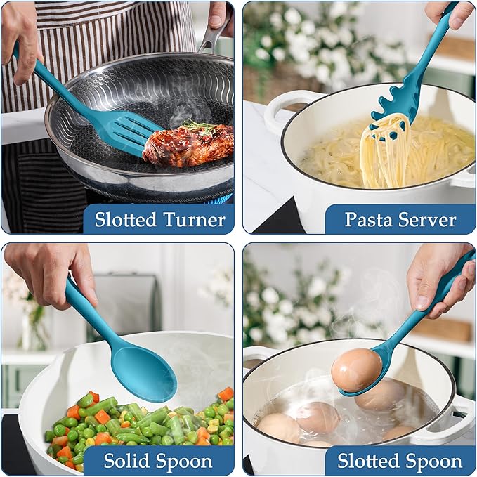 LIANYU Kitchen Silicone Cooking Utensils Set, 4Pcs Nonstick Cookware Utensils with Turner, Spoon, Pasta Server for Stir Frying, Serving, Mixing, Heat Resistant, Dishwasher Safe, Blue