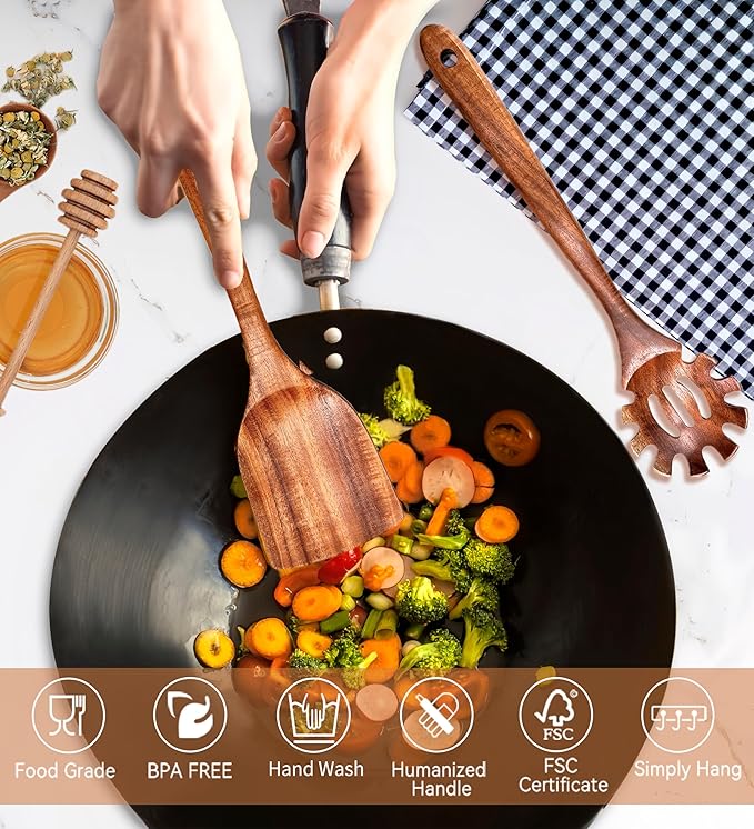 5Pcs Wooden Cooking Utensils Set, Natural Acacia Wood Utensils Set for Cooking, Non-Stick Wooden Kitchen Utensils Set, Heat-Resistant Kitchen Tool Set with Wooden Spoon, Spatula, Ladle, Pasta Server