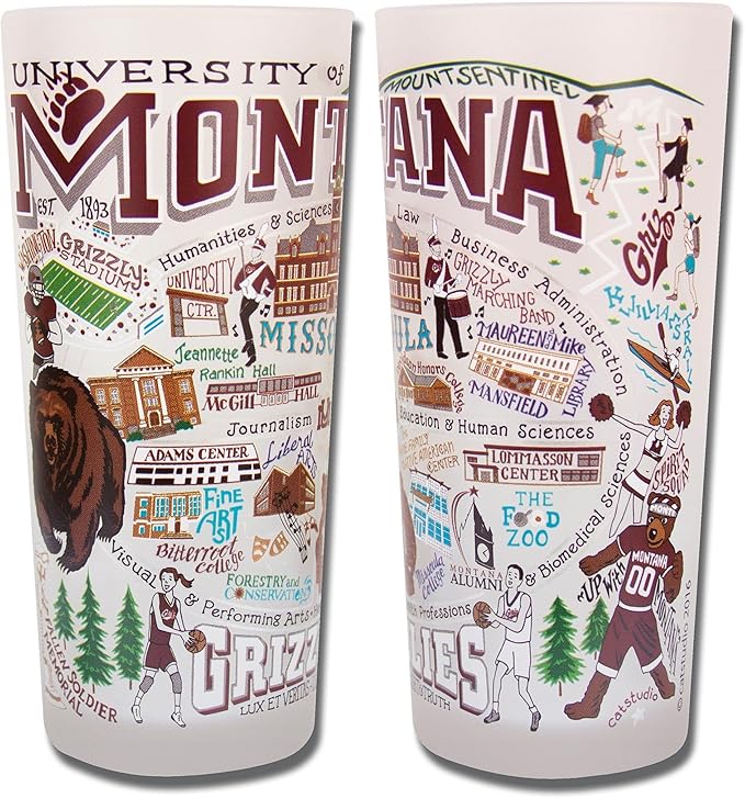 Catstudio Drinking Glass, University of Montana Glass Cup for Kitchen, 15oz Dishwasher Safe Tumbler for UM Alumni