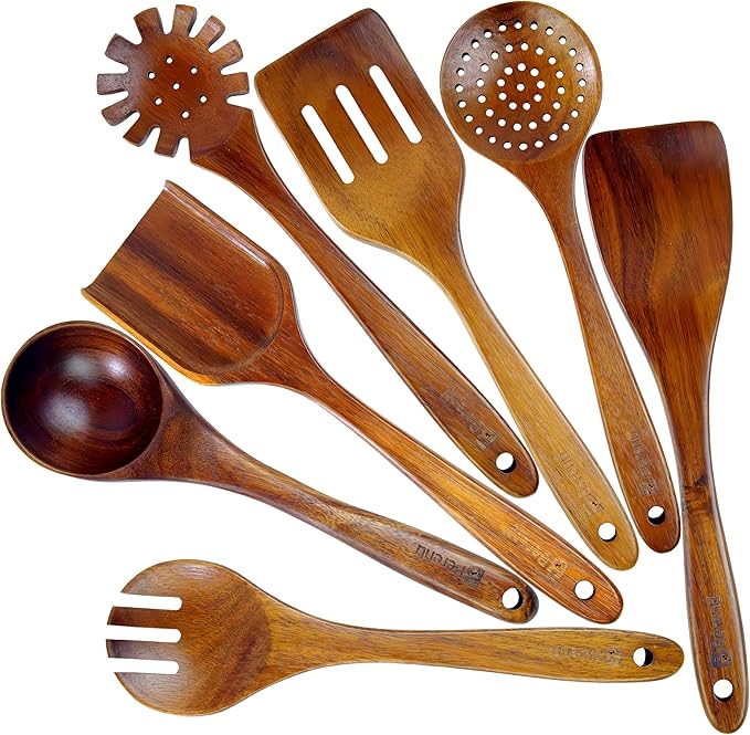 100% Natural Acacia Wooden Cooking Utensils Set - 07 Pcs Wooden Spurtle Set - Spurtles Kitchen Tools As Seen On TV Paddle - Safe for Nonstick Cookware - Stirs Like a Spoon, Flips Like A Spatul