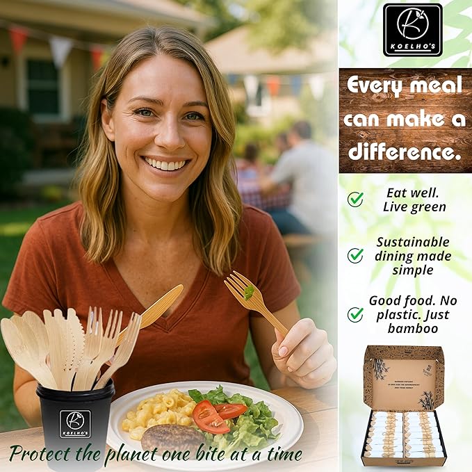 KOELHO'S Pre-Rolled Napkin and Cutlery Set 48-Pack 192 PCS | Bamboo Disposable Utensils 100% Biodegradable and Eco-Friendly | Wood Cutlery Set for Parties, Weddings, and Events