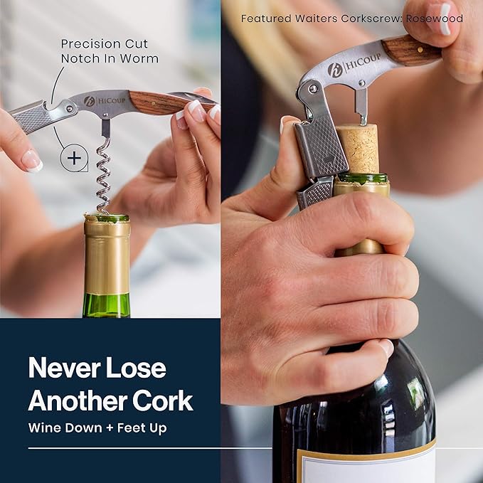 Hicoup Wine Opener - Professional Corkscrews for Wine Bottles w/Foil Cutter and Cap Remover - Manual Wine Key for Servers, Waiters, Bartenders and Home Use - Stainless Steel With Pakka Wood Inlay