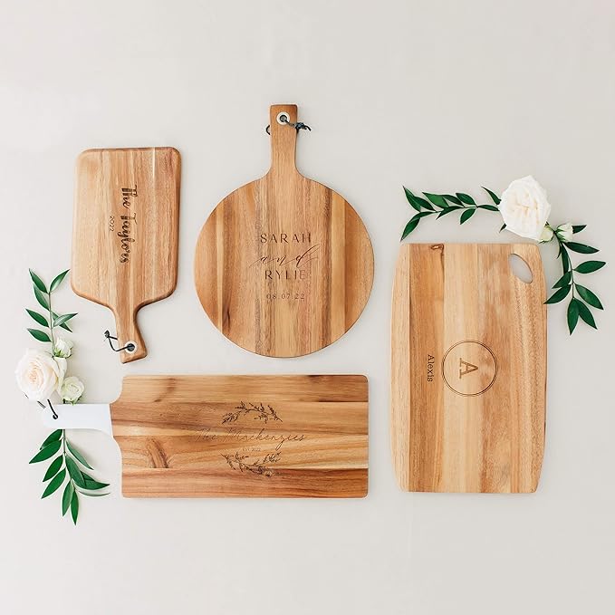 Weddingstar Personalized Wooden Rounded Rectangle Cutting Board or Serving Board 16" x 10" - Modern Couple Etching