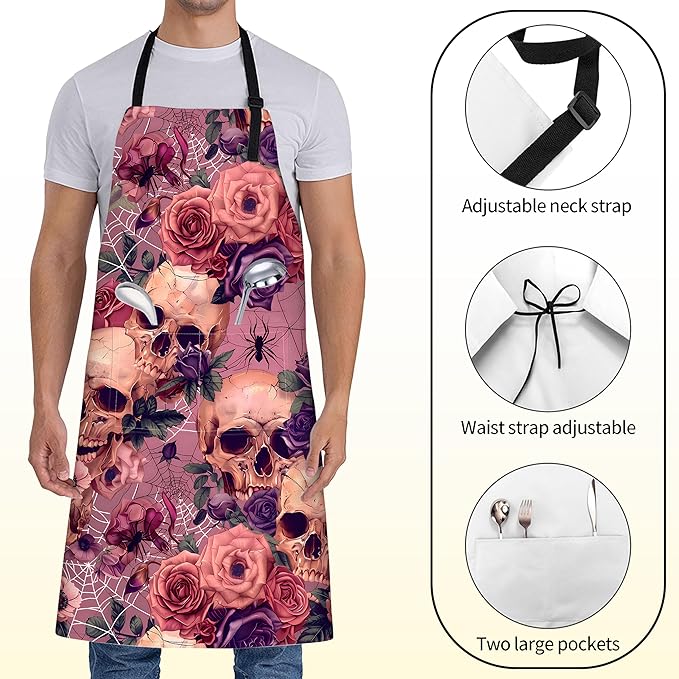 Gothic Apron for Women with Spider Web,Skull,Rose,28x33in,Goth Kitchen Aprons with 2 Pockets, Oxford Fabric,Halloween Adjustable Apron for Cooking Baking Gardening Chef,Gifts for Mom Wife