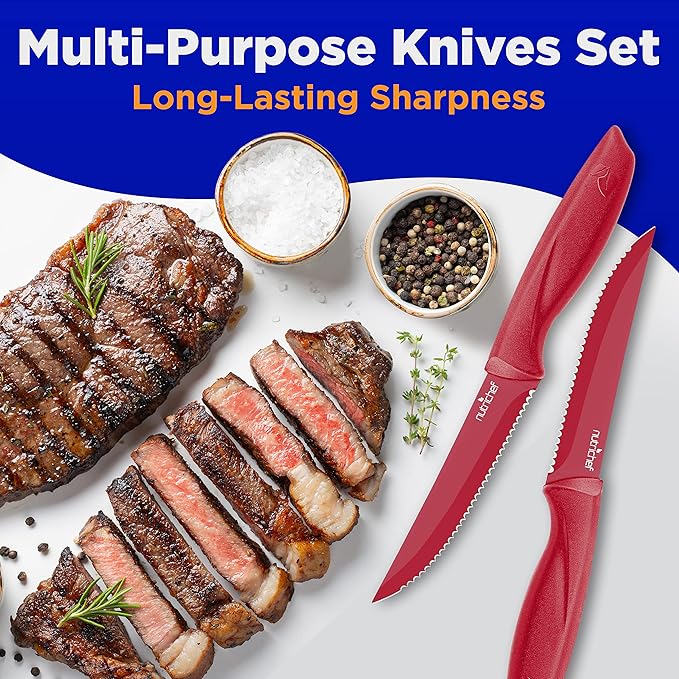 NutriChef SereneLife Stainless Steel Knife Set, 8 Pcs. - Non-Stick Coating, Sharp Serrated Blades, Professional Kitchen Set, Rust-Resistant, Dishwasher Safe, Ideal for BBQ & Grilling, Red