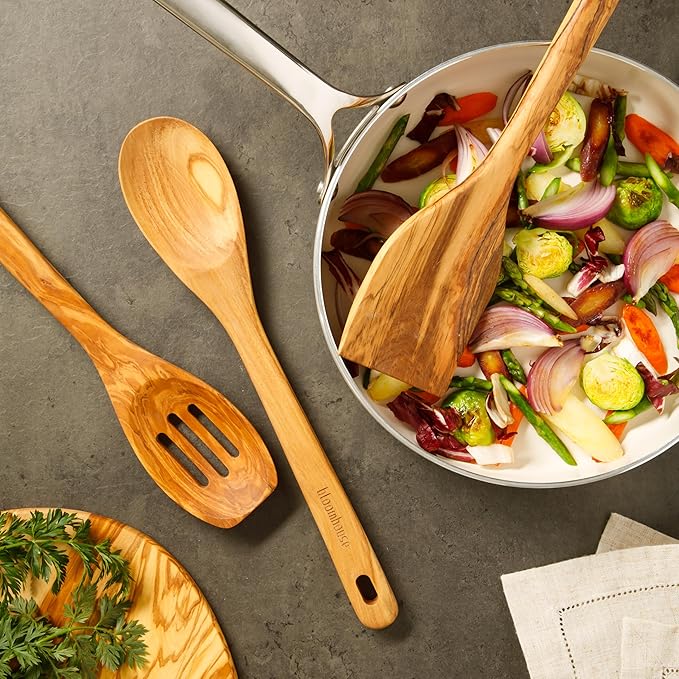 Bloomhouse Italian Olive Wood 3-Piece Kitchen Utensil Set – Extra-Large 14-Inch Turner, Spoon & Slotted Spoon, Durable Wooden Cooking Tools