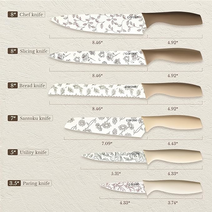 CAROTE 12PCS Knife Set, Kitchen Knife Set with 6 Blade Guards, Stainless Steel Knives Set With Nonstick Ceramic Coating, Rustproof, Delicate Floral Designs, White