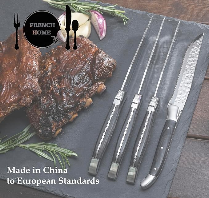 French Home Laguiole 4-Piece Steak Knife Set – Sophisticated Stainless Steel Dinner Knives with Spring Green Handles & Iconic Bee Emblem – Serrated Knives for Smooth Cutting (9.25")