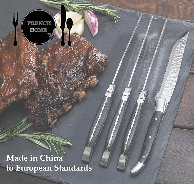 French Home Laguiole 4-Piece Steak Knife Set – Sophisticated Stainless Steel Dinner Knives with Pewter Handles & Iconic Bee Emblem – Serrated Knives for Smooth Cutting (9.25")