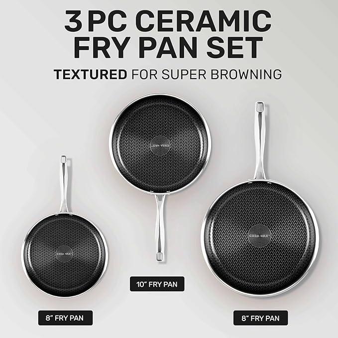 Gotham Steel Hybrid 3pc Stainless Steel Non Stick Frying Pans Set, 8 10 12 inch Ceramic Frying Pan Skillet Set, Induction Ready, Made without PFAS & PFOA, Oven and Dishwasher Safe - Black