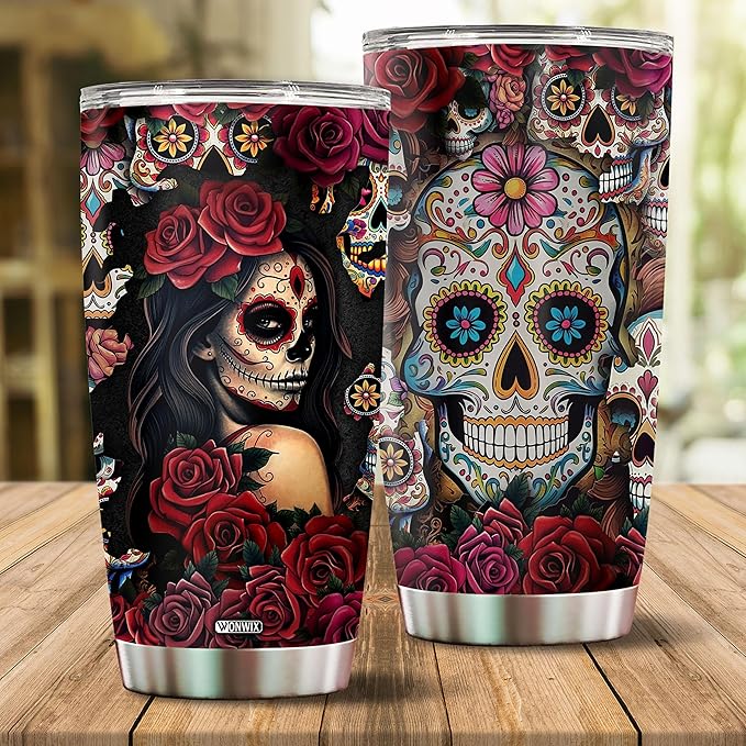 Sugar Skull Gifts for Women Insulated 20oz Stainless Steel Coffee Cup Travel Mug Water Bottle Tumbler With Lid Tattoo Girls Wife Daughter Mom