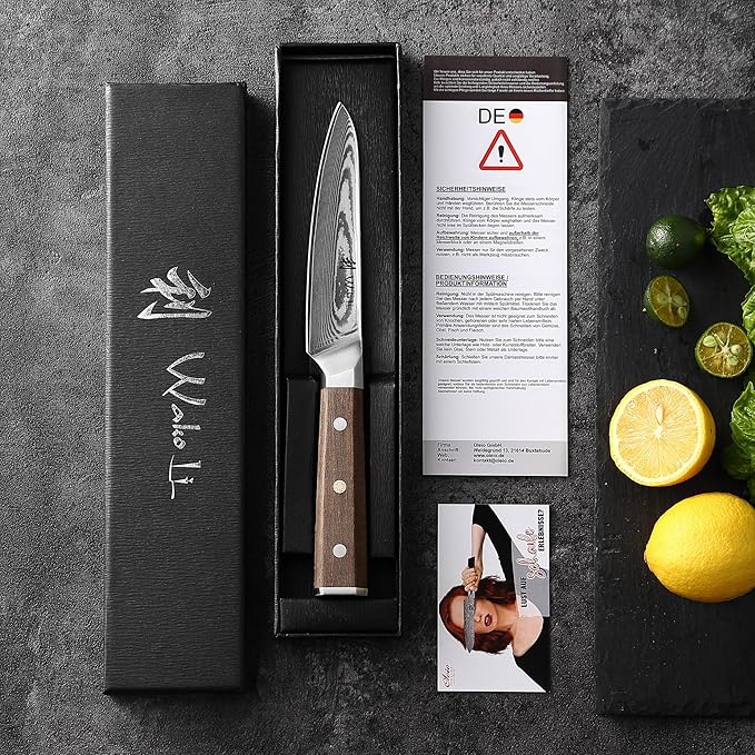 Wakoli HIK Damascus Utility Knife – Full Tang Multipurpose Knife | 5-Inch Blade Made of 67-Layer Damascus Steel with VG10 Core | Walnut Wood Handle | Sharp, Durable, Gift Box Included
