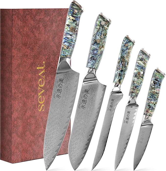 Damascus Kitchen Knife Set, 67-Layer Damascus Steel, Professional Chef Knives Set for Kitchen, Ergonomic Wood & Resin Handle (Blue, 5 pieces with Shell Handle)