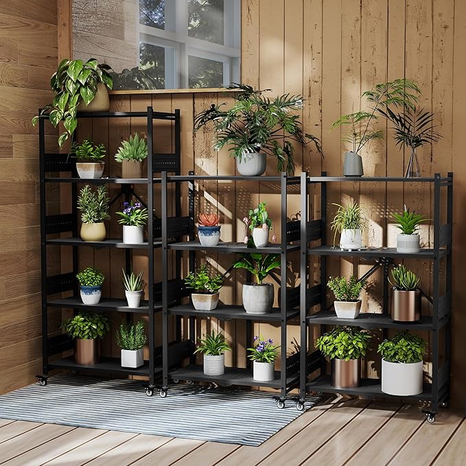 WORKPRO 5-Tier Folding Shelf, No-Assembly Metal Storage Rack with Wheels, 750 lbs Capacity (Without Wheels), Collapsible Shelving Unit for Kitchen, Pantry, Bathroom & Closet Organization