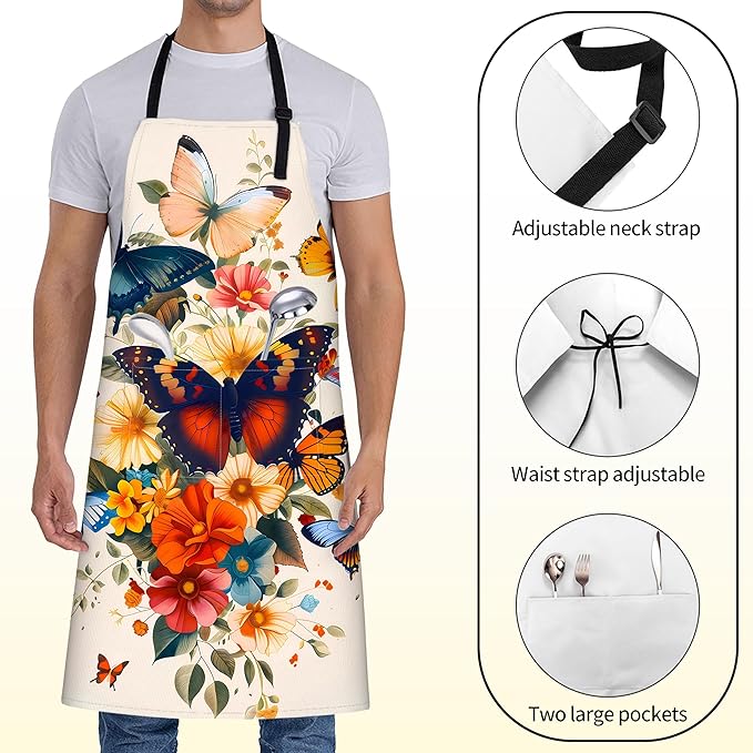 Retro Butterfly Apron for Women with Floral,28x33in,Autumn Nature Kitchen Aprons with 2 Pockets,Oxford Fabric,Artistic Adjustable Apron for Cooking Baking Gardening Chef,Gifts for Mom Wife