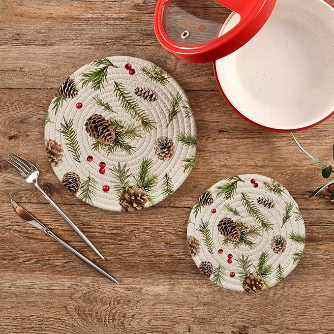Pine Cones Branches Kitchen Trivets Pot Holders Set of 2, Trivets for Hot Pots Dishes Woven Trivet Coaster Pad Mat for Counter