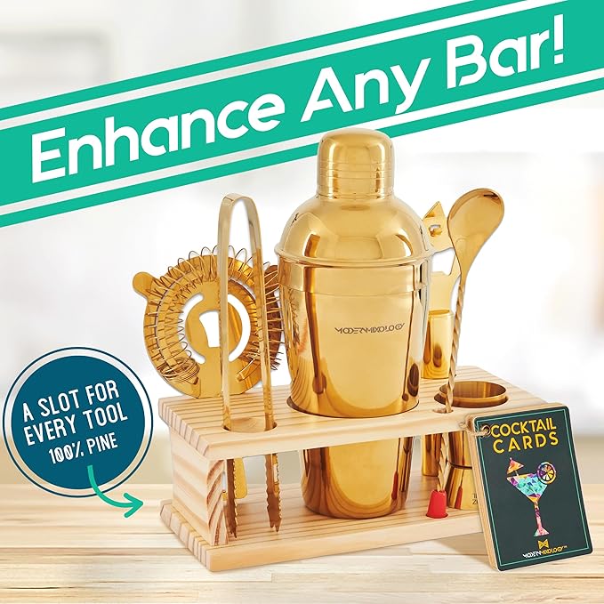 Modern Mixology Cocktail Shaker Set - 8 Piece Bartender Kit with Martini Shaker and Popular Bar Accessories on Quality Pine Stand - Leak Proof Design (Gold)