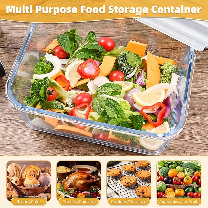 190oz / 24Cup Extra Large Glass Storage Containers with Lids, Glass Bread Box Airtight Bread Container, Ideal Food Storage Containers, Roasting Turkey/Chicken/Cookie, Oven&Dishwasher Safe