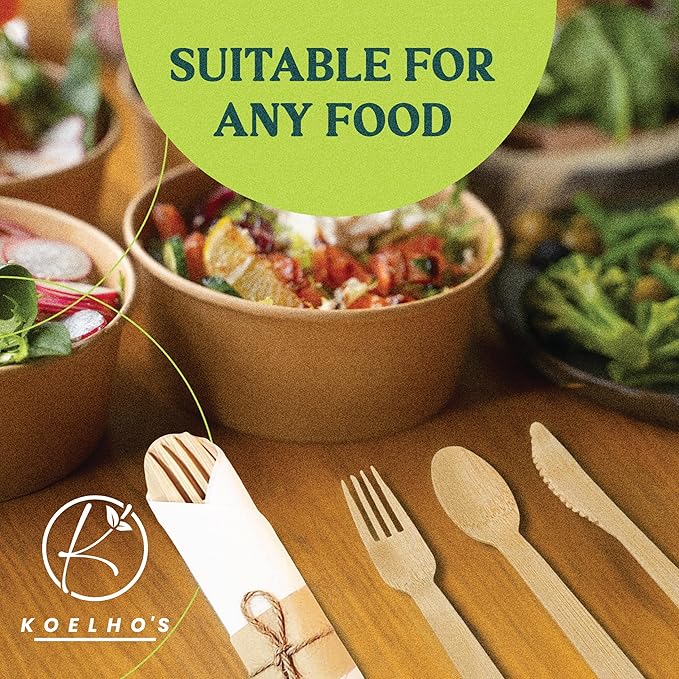 KOELHO'S Pre-Rolled Napkin and Cutlery Set 48-Pack 192 PCS | Bamboo Disposable Utensils 100% Biodegradable and Eco-Friendly | Wood Cutlery Set for Parties, Weddings, and Events