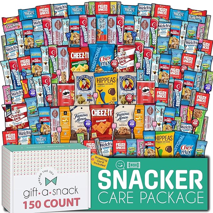 Gift A Snack - Holiday Christmas Stocking Stuffers, Snack Box Variety Pack Care Package + Greeting Card (150 Count) Xmas Birthday Sweet Treats Gift Basket, Candies Chips Crackers Bars