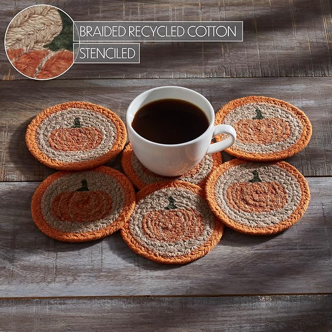 VHC Brands Harvest Blessings Natural Stencil Pumpkin Jute Coaster Set of 6, Decorative Fall Coasters, Table Decor for Fall Thanksgiving and Halloween