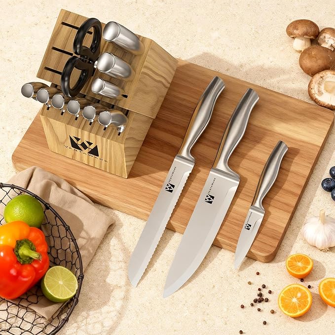 14 Pieces Knife Set with Block, Premium Knives Set For Kitchen, Knife Block Set Stainless Steel With Steak Knives, Dishwasher Safe, Ergonomic Handle, Natural Wooden Block, Gifts For Women