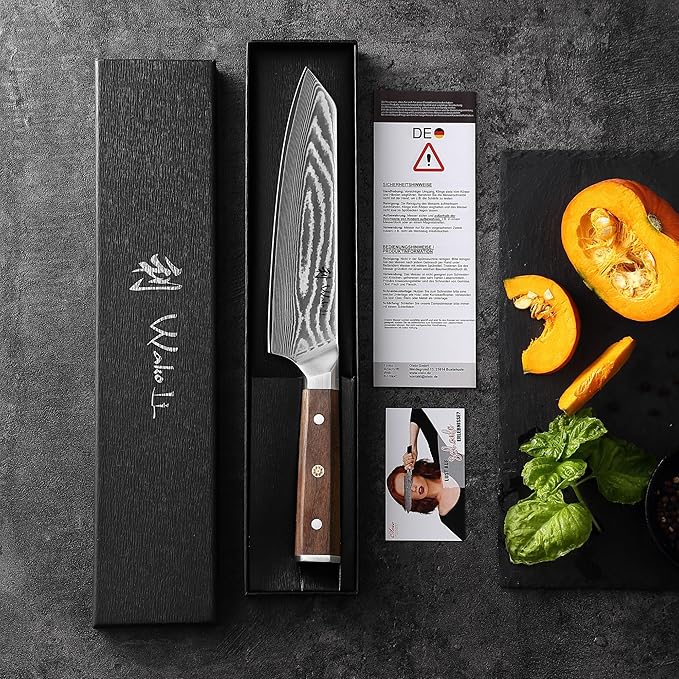 Wakoli HIK Damascus Kiritsuke Knife – Full Tang Chef Knife | 8-Inch Blade Made of 67-Layer Damascus Steel with VG10 Core | Walnut Wood Handle | Sharp, Durable, Gift Box Included