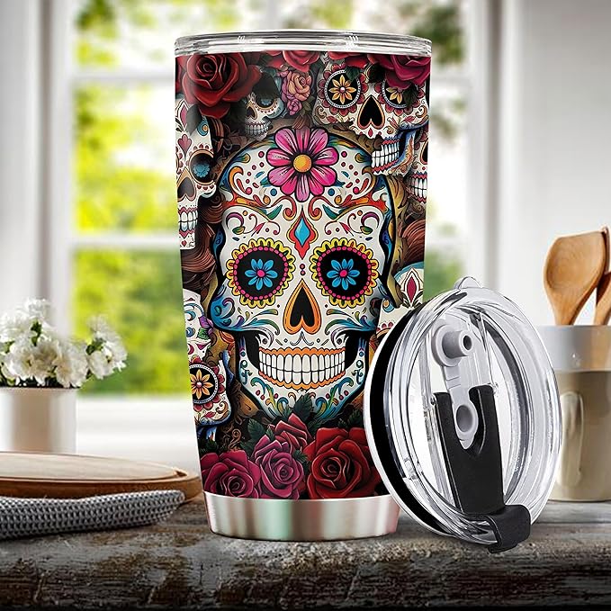 Sugar Skull Gifts for Women Insulated 20oz Stainless Steel Coffee Cup Travel Mug Water Bottle Tumbler With Lid Tattoo Girls Wife Daughter Mom
