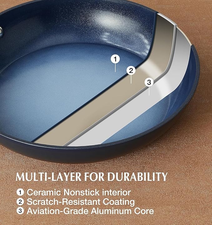 KOCH SYSTEME CS Non Stick Frying Pans, 10 Inch Frying Pan Nonstick with Lid, Frying Pan with Lid & Non Toxic Ceramic Coatings, Induction Compatible, Gradient Blue