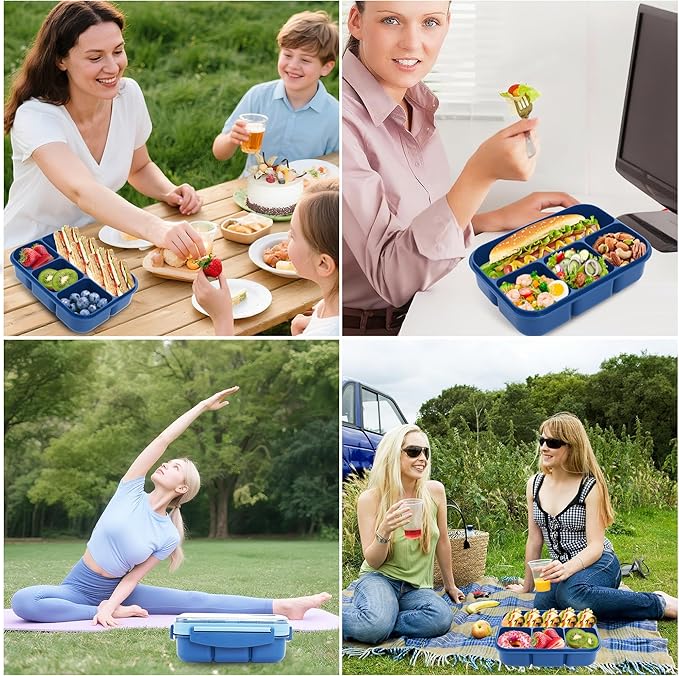 Bento box adult work lunch box, adult container, with 4 compartments, lunch container with cutlery (knife, fork, spoon, sauce box), animal fruit fork, microwave and dishwasher safe, Sky blue