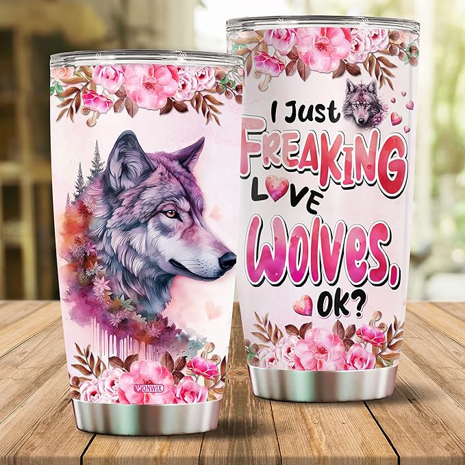 Wolf Tumbler 20oz Cute Animal Gift for Women, Girls Who Freaking Love Wolves Lovers Moon Flowers Perfect Birthday Christmas Valentine Wife Daughter Insulated Stainless Steel Coffee Cup with Lid