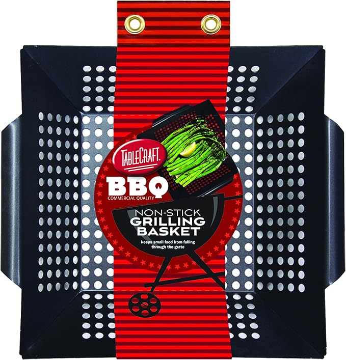 TableCraft BBQ Nonstick Square Grilling Basket with Steel Handle, Small/Medium, Black