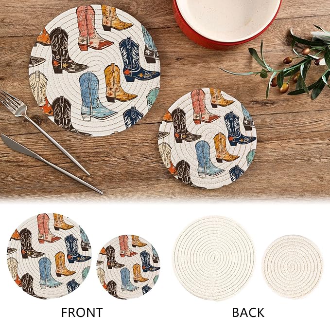 Cowboy Boots Kitchen Trivets Pot Holders Set of 2, Trivets for Hot Pots Dishes Woven Trivet Coaster Pad Mat for Counter