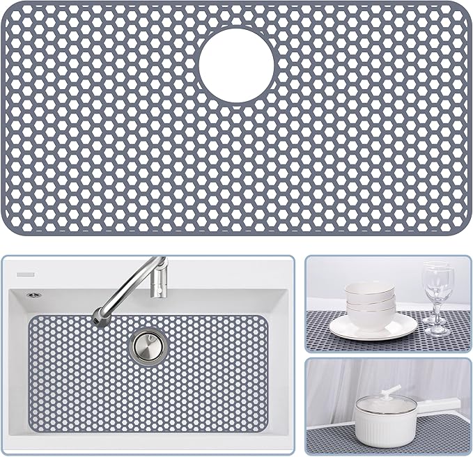 Silicone Sink Protectors for Kitchen Sink - 28.3"x 15.7" Kitchen Protector Accessory, Non-Slip Heat Resistan Mat for Bottom of Farmhouse Stainless Steel Porcelain (Rear Hole)