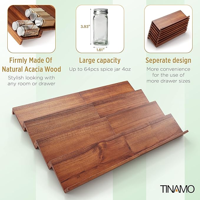 Tinamo Acacia Wooden Spice Rack Organizer for Cabinet - Spice Drawer Insert, Spice Organization for Cabinet, Seasoning Organizer, 4-Tier Spice Jar Rack for Drawer, Spice Holder Pack of 8 (64 Jars)