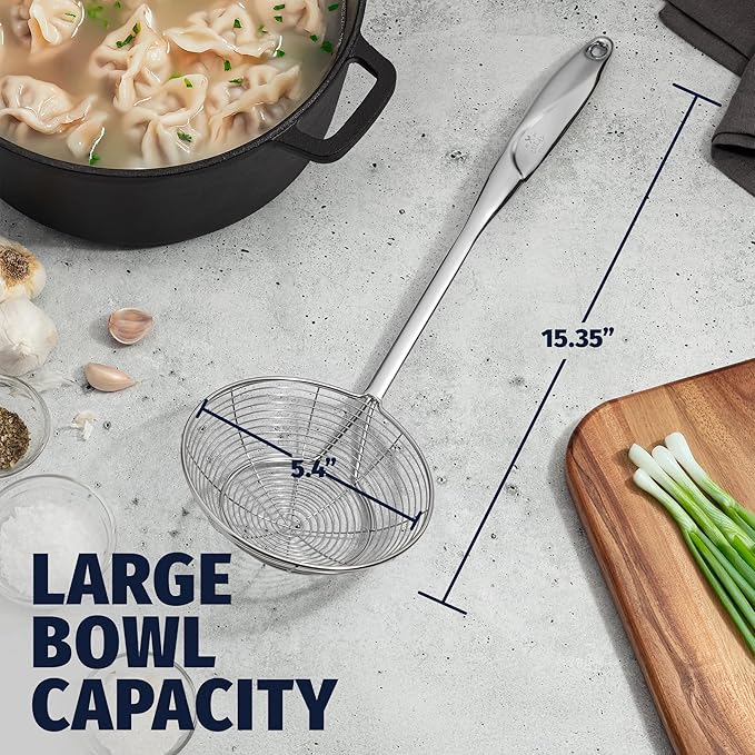 Zulay Kitchen Premium Stainless Steel Skimmer Strainer Ladle - 15” Large Straining Spoon for Frying, Boiling & Blanching - Durable, Rust-Resistant & Heat-Proof Kitchen Tool for Everyday Use
