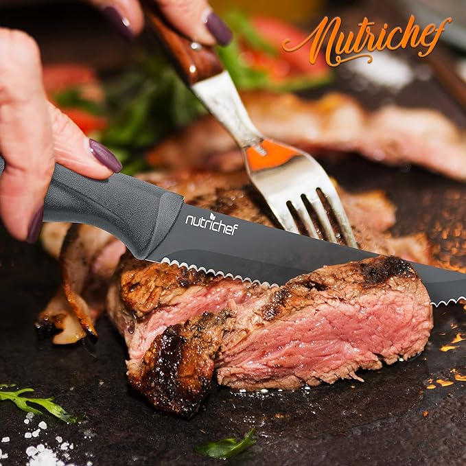 NutriChef SereneLife Stainless Steel Knife Set, 8 Pcs. - Non-Stick Coating, Sharp Serrated Blades, Professional Kitchen Set, Rust-Resistant, Dishwasher Safe, Ideal for BBQ & Grilling, Gray