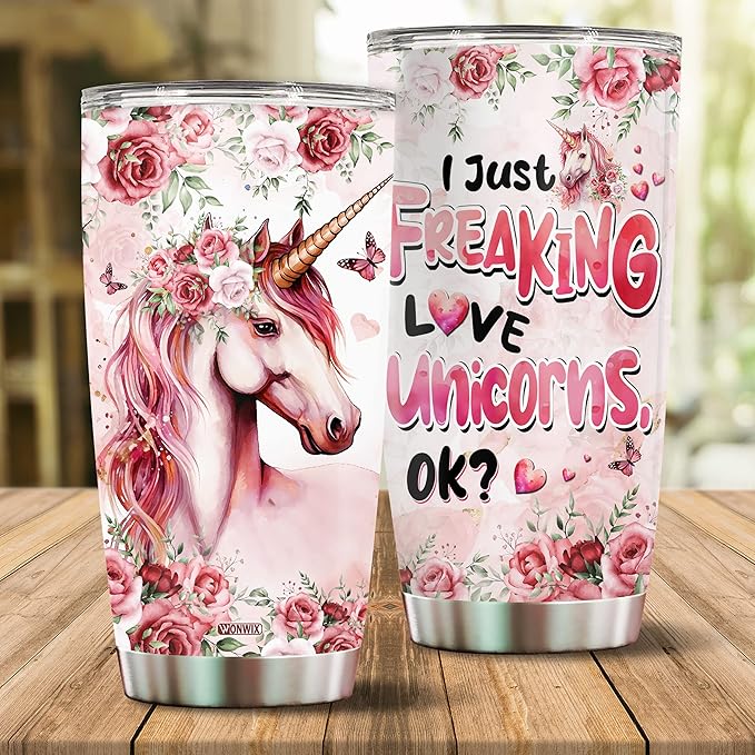 Unicorn Tumbler 20oz Cute Animal Gift for Women, Girls Who Freaking Love Unicorns Lovers Flower Perfect Birthday Christmas Valentine Wife Daughter Insulated Stainless Steel Coffee Cup with Lid
