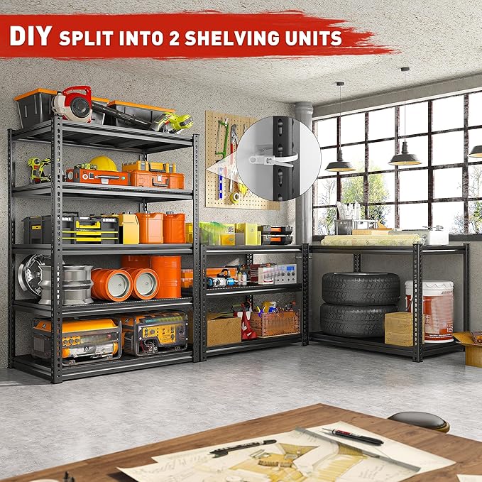 REIBII Garage Shelving 72" H Storage Shelves, 5-Tier Metal Shelving Adjustable Shelfs, Storage Shelves Heavy Duty Load 2500 LBS for Warehouse, Basement, Pantry, 72" H x36 W x18 D, 2 Pack