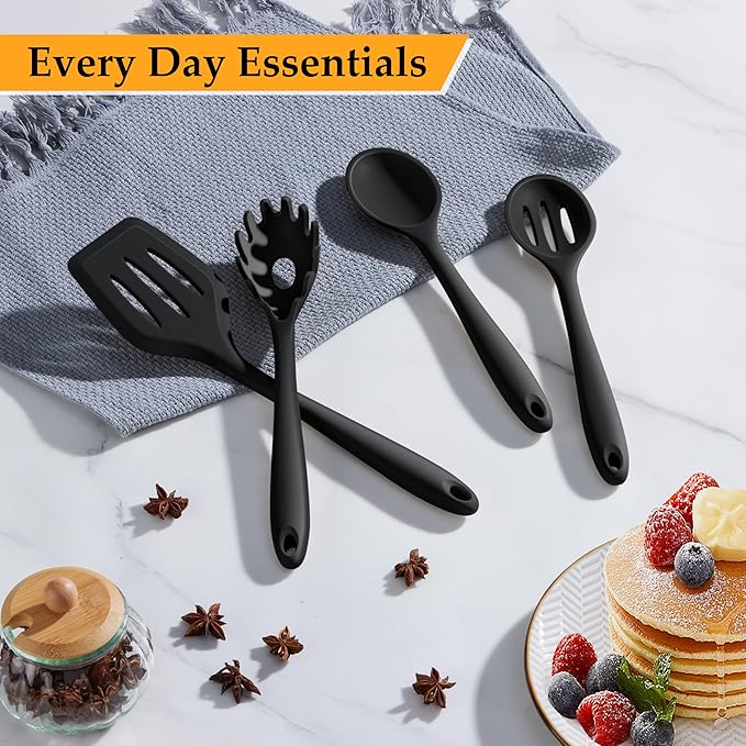 LIANYU Kitchen Utensils Set, 4Pcs Silicone Cooking Utensils, Heat Resistant Kitchen Tools for Stir Frying, Serving, Mixing, Include Turner, Spoon, Pasta Server, Dishwasher Safe, Black