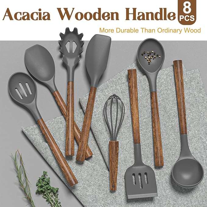 Umite Chef Silicone Cooking Utensil Set, 8-Piece Kitchen Utensils Set with Natural Acacia Wooden Handles,Food-Grade-Silicone Kitchen Gadgets and Spatula Set for Nonstick Cookware - Grey