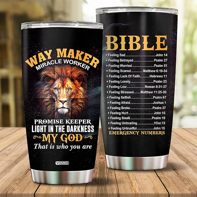 Christian Tumbler Gifts for Christians on Christmas Birthday Valentines 20 Oz Stainless Steel Lion Religious Coffee Mug Travel Cup Gift For Men Women Bible Emergency Numbers Mugs