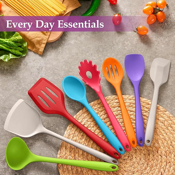 LIANYU 8Pcs Kitchen Cooking Utensils Set, Silicone Utensils Spatula Set, Heat Resistant Cooking Gadgets for Nonstick Cookware, Include Silicone Spoon, Turner, Spatula, Ladle, Multi-Color