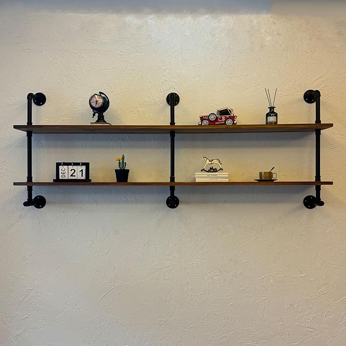Industrial Pipe Wall Shelves Pipe Shelving with Real Wood Plank ,70 Inches Floating Shelves for Wall Farmhouse Pipe Book Shelves Dark Brown 2 Tier for Kitchen,Living Room Decor and Bar Shelving
