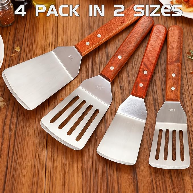 4 Pack Stainless Steel Spatula Set, 2 Sizes Metal Spatulas for Kitchen Use, Hevy Duty Solid & Slotted Turner with Wooden Handle, Flat Top Grill Spatula for Egg, Hamburger, Fish, Cooking, BBQ