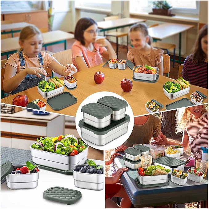 Homikit 3 Pack Kids Lunch Box Set, 18/10 Stainless Steel Bento Boxes with Silicone Lids Leak Proof, 5 Cups Reusable Metal Food Snack Containers for School Daycare, Nontoxic & Dishwasher Safe, Gray