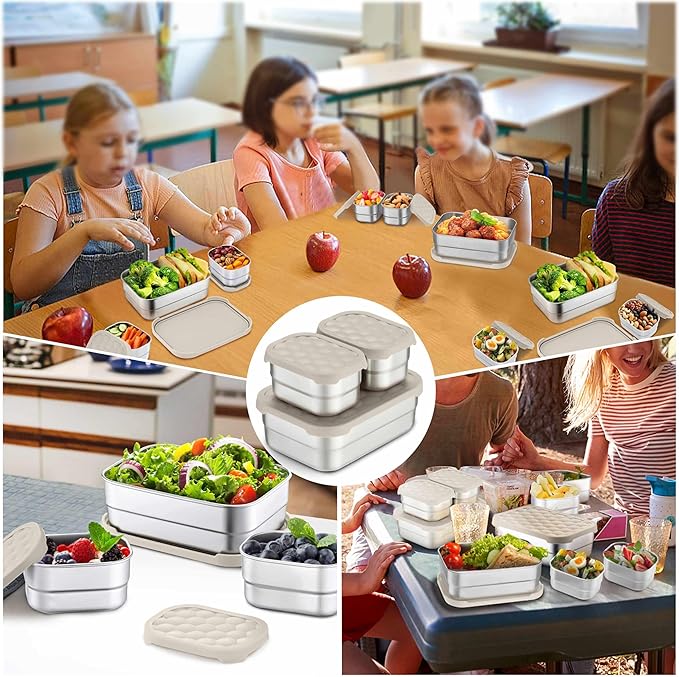 Homikit 3 Pack Kids Lunch Box Set, 18/10 Stainless Steel Bento Boxes with Silicone Lids Leak Proof, 5 Cups Reusable Metal Food Snack Containers for School Daycare, Nontoxic & Dishwasher Safe, Khaki
