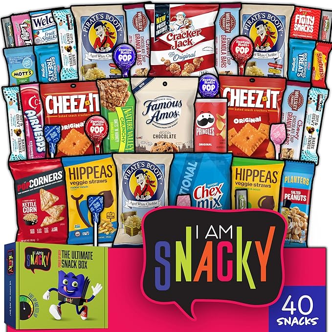 I AM Snacky - Holiday Christmas Stocking Stuffers, Snack Box Variety Pack Care Package + Greeting Card - SNACKY'S BASH BOX (40 Count) Xmas Birthday Sweet Treats Gift Basket, Candies Chips